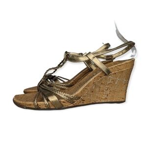 George Open Toe Strappy Wedge Sandals Cork Gold Bronze Womens US Shoe Size 9